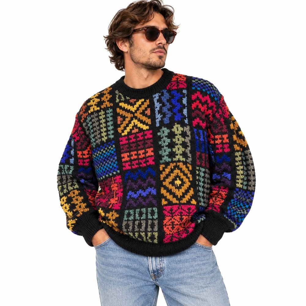 Vintage 90s CASA 100% Alpaca Sweater XL Hand Knit Bolivia Oversized Patchwork